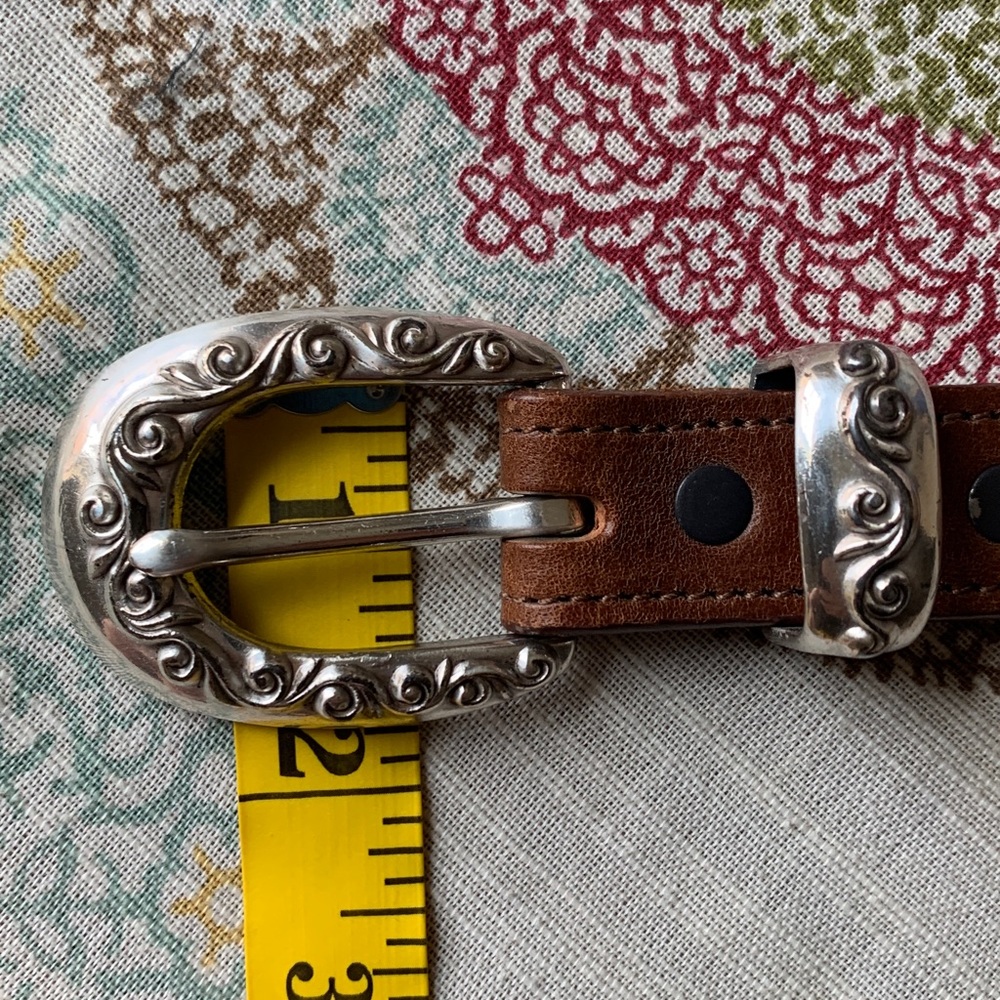 Brown Leather Western-Style Belt with Decorative Silver Hardware - Picture 9 of 15
